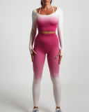 Women Long Sleeve Seamless Gradient Sports Yoga Two Piece Sets (With Pad) S-L