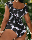 Sexy Cute Women Ruffles Flower Printed Tie Front Plus Size Swimwear Blue Black L-4XL