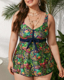Women V Neck Florals Print Plus Size Swimwear Green L-4XL