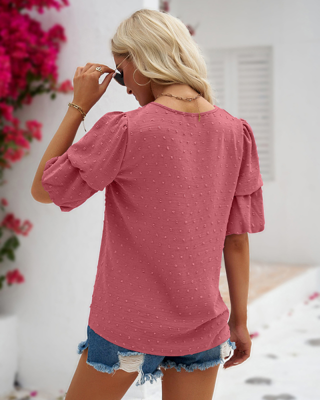 Women V-neck Chiffon Puff Sleeve Blouses S-2XL