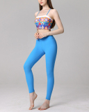 Ladies Retro Printed Bra Pants Sets Yoga Two-piece Sets Blue S-L