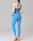 Ladies Retro Printed Bra Pants Sets Yoga Two-piece Sets Blue S-L