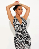 Fashion Women Sleeveless Printed Halter V Neck Backless Jumpsuits Black Green Rosy S-2XL