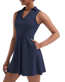 Women Lapel Sleeveless 4 Pocket Golf Tennis Dress White Black Pink Light Blue Navy Blue S-XL