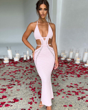 Ins Style Vacation Hollow Out Halter Neck Sexy Knit Maxi Dress White Khaki Light Yellow Black Red Pink S-L