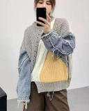 Loose Style Women Dropped Shoulder Denim Patchwork Cardigan One size