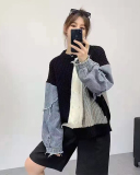 Loose Style Women Dropped Shoulder Denim Patchwork Cardigan One size