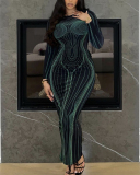 New Long Sleeve 3D Body Printed Bodycon Maxi Dresses Black S-XL