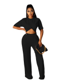 Short Sleeve Solid Color Women Casual Two Piece Pant Set S-3XL