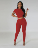 Short Sleeve Women Solid Color Fashion Two Piece Pant Set S-XXL
