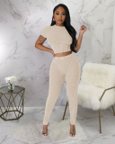 Short Sleeve Women Solid Color Fashion Two Piece Pant Set S-XXL