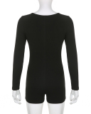 Women Long Sleeve Solid Color Slim Hollow Out Autumn Jumpsuit Black S-L