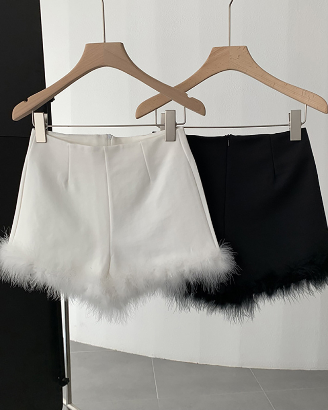 Women High Waist Sexy Feather Autumn A-line Casual Shorts Black White S-XL