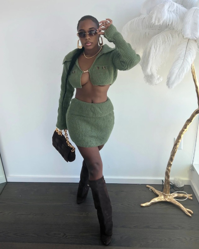 Women Hot Long Sleeve Lapel Crop Top Fold Waist Mini Skirt Two Pieces Sets Green S-L