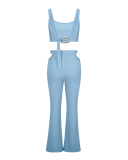 Women Summer Sleeveless Solid Color Knit Fashion Pants Sets Two Pieces Outfit Blue S-XL