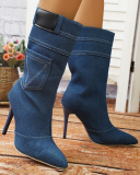 Women's Fashion Western Denim Thigh-High Boots Over Knee Skinny Heel Knight Boots Black Blue 35-43