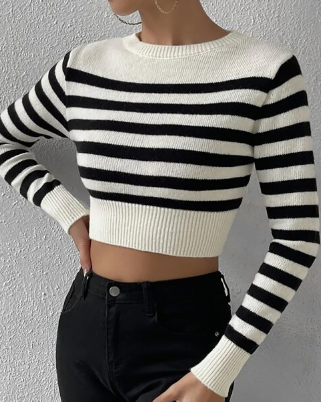Black White Stripe Short Sweater Tops S-L