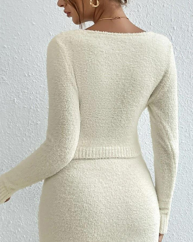 Women New Fashion Beige White Two Piece Skirt Set S-L