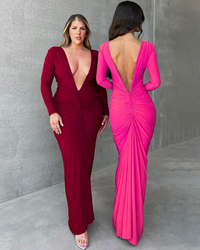 Solid Color Women V Neck Ruched High Waist Long Sleeve Double Side Wear Evening Dress Rosy Black WIne Red S-L