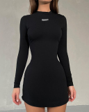 Fashion Women Long Sleeve Letter Printed Slim Sexy Bodycon Dresses Black Khaki S-L