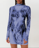 Women Stand Collar Long Sleeve Printed Fashion Slim Bodycon Dresses Party Dress Blue S-L