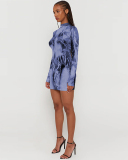 Women Stand Collar Long Sleeve Printed Fashion Slim Bodycon Dresses Party Dress Blue S-L