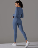 Woman O Neck Seamless Long Sleeve Knit Solid Color Yoga Pants Running Two Piece Sets S-L