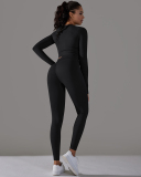 Woman O Neck Seamless Long Sleeve Knit Solid Color Yoga Pants Running Two Piece Sets S-L