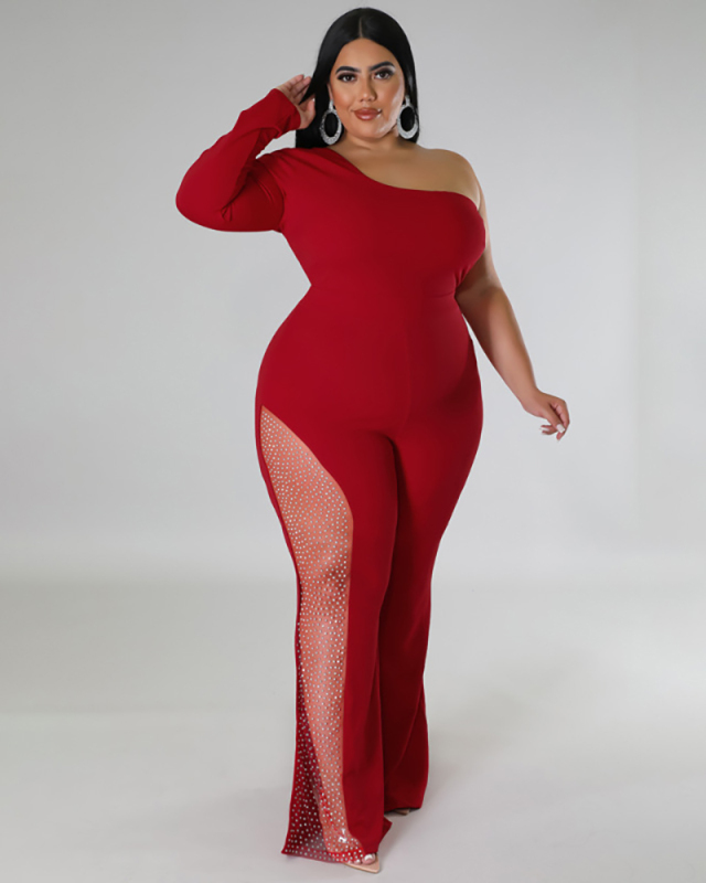 Women One Sleeve Rhinestone Side Leg Sexy Plus Size Jumpsuit Red Blue Rosy Green Black XL-5XL