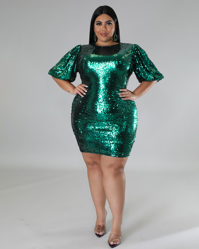 Woman Short Sleeve O Neck Sequin Party Evening Dress Plus Size Dresses Green Red Blue Gold Black XL-5XL