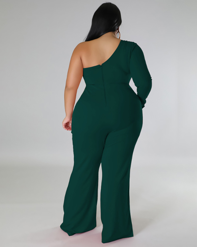 Women One Sleeve Rhinestone Side Leg Sexy Plus Size Jumpsuit Red Blue Rosy Green Black XL-5XL