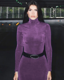 New Long Sleeve High Neck Side Silt Slim Bodycon Dress Blue Purple S-L