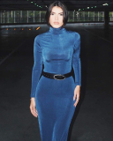 New Long Sleeve High Neck Side Silt Slim Bodycon Dress Blue Purple S-L