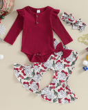Christmas New Baby Girl's Pit Strip Flying Sleeve Bodysuit Printed Bell Bottoms Three-Piece Set Red Wine Red Green 60-90cm