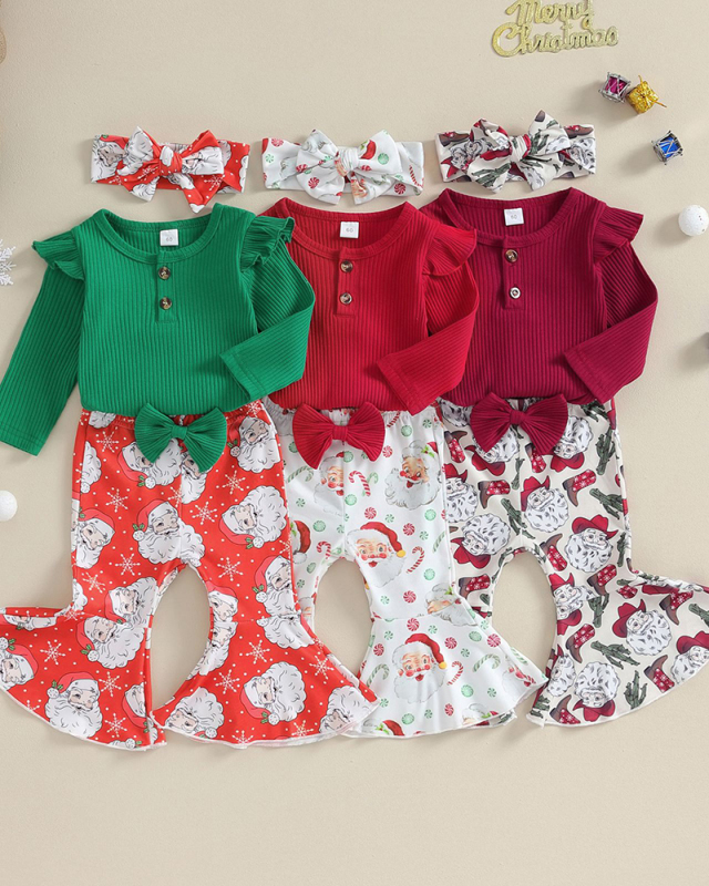 Christmas New Baby Girl's Pit Strip Flying Sleeve Bodysuit Printed Bell Bottoms Three-Piece Set Red Wine Red Green 60-90cm