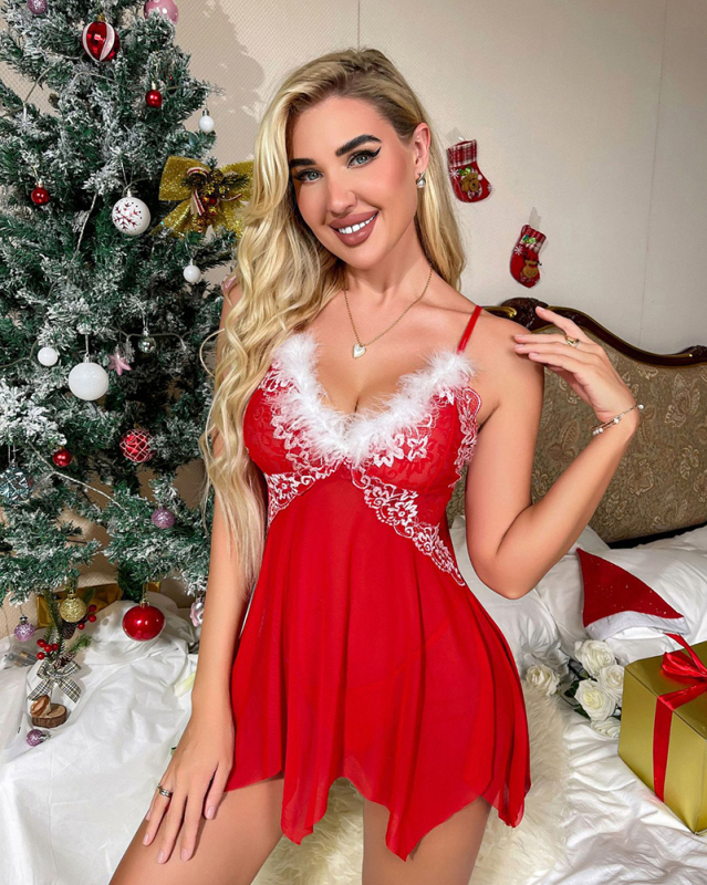 Christmas Fluffy Lace Sexy Babydoll & Chemise Red S-XL