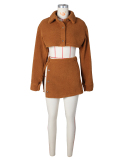 Women Fall Winter Long Sleeve Lamb Wool Two-piece Skirt Sets Brown White Pink Black S-2XL