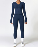 Women Long Sleeve Fleece Zipper Coat  High Waist Yoga Two-piece Sets Black Gray Blue Apricot S-XL