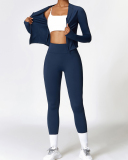Women Long Sleeve Fleece Zipper Coat  High Waist Yoga Two-piece Sets Black Gray Blue Apricot S-XL