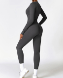 Women Long Sleeve Fleece Zipper Coat  High Waist Yoga Two-piece Sets Black Gray Blue Apricot S-XL