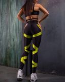 Patchwork Mesh Strappy Bra Cool Girls Sports Pants Sets Yoga Two-piece Green S-XL