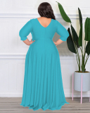 Women Long Sleeve Solid Color Maxi Evening Dress V Neck Plus Size Dresses L-4XL