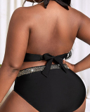 Fashion Women Deep V Neck Gold Band High Waist Plus Size Swimwear Black L-4XL