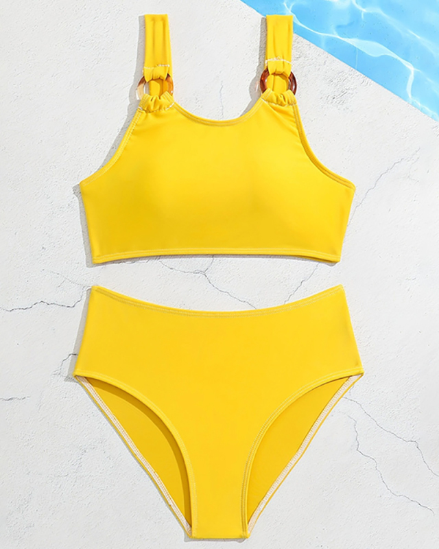 Solid Color High Waist Kid Two Pieces Sets Swimwear Yellow 140-170