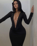 Women Long Sleeve Deep V Neck Sexy Solid Color Hoodies Maxi One-piece Dress Black Red S-L