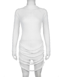 Women Long Sleeve High Neck Hollow Out Irregular Tassel Special Knit One-piece Dress White S-L