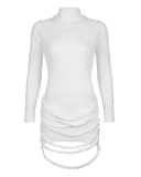 Women Long Sleeve High Neck Hollow Out Irregular Tassel Special Knit One-piece Dress White S-L