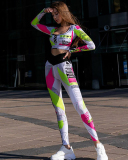 Graffiti Printed Colorblock Long Sleeve Sports Pants Running Sets White S-XL