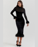 Black Velvet Women Long Fashion Elegant Dress S-XL