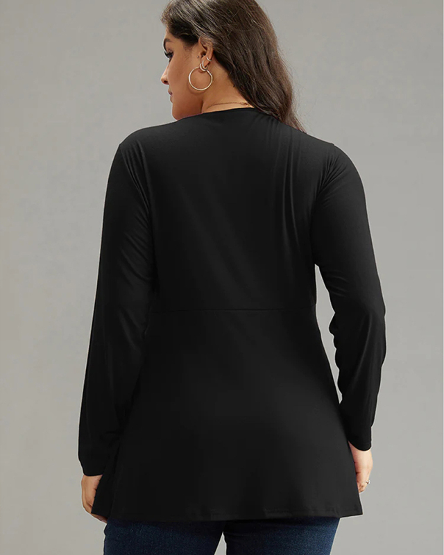 Women Long Sleeve Sexy V Neck Solid Color Casual Rufflers Hem Plus Size Top T-shirt Black XL-3XL